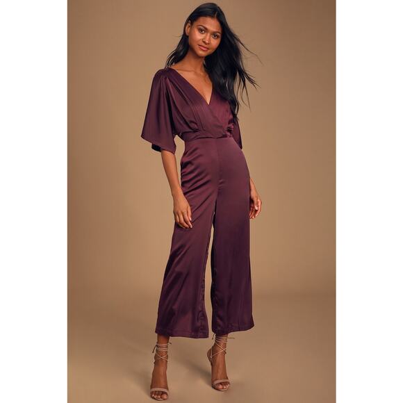 Lulu's Kiss Me Now Plum Purple Satin Short Sleeve Wide-Leg Jumpsuit S NWT - Picture 1 of 8